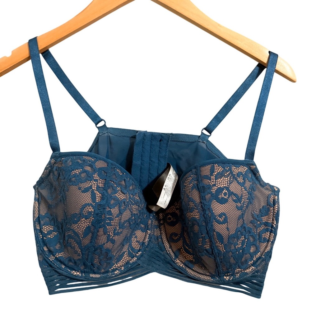 Adore Me Longline Lace Bra Womens‎ 36DD Teal Blue Strappy Underwire Mesh Back